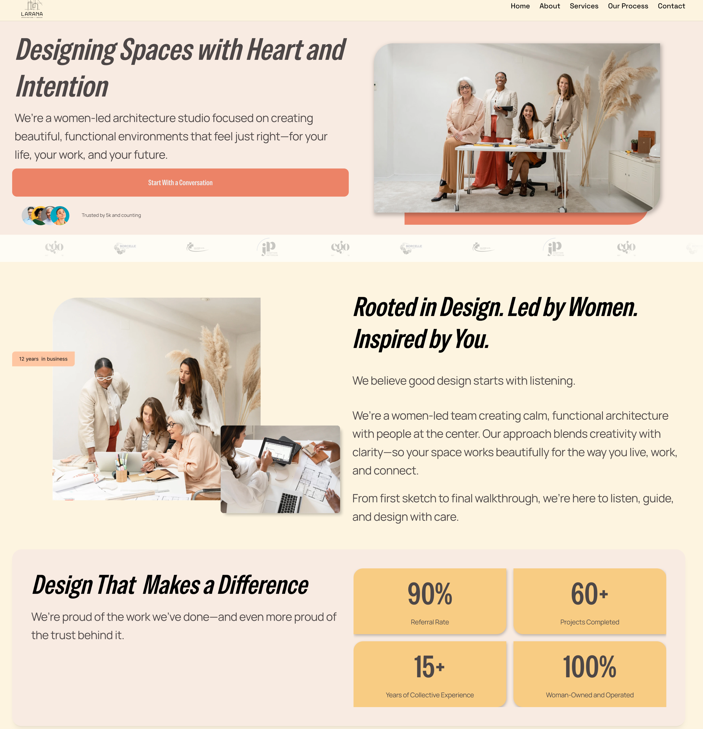 A modern studio website concept with coral accents and editorial sections