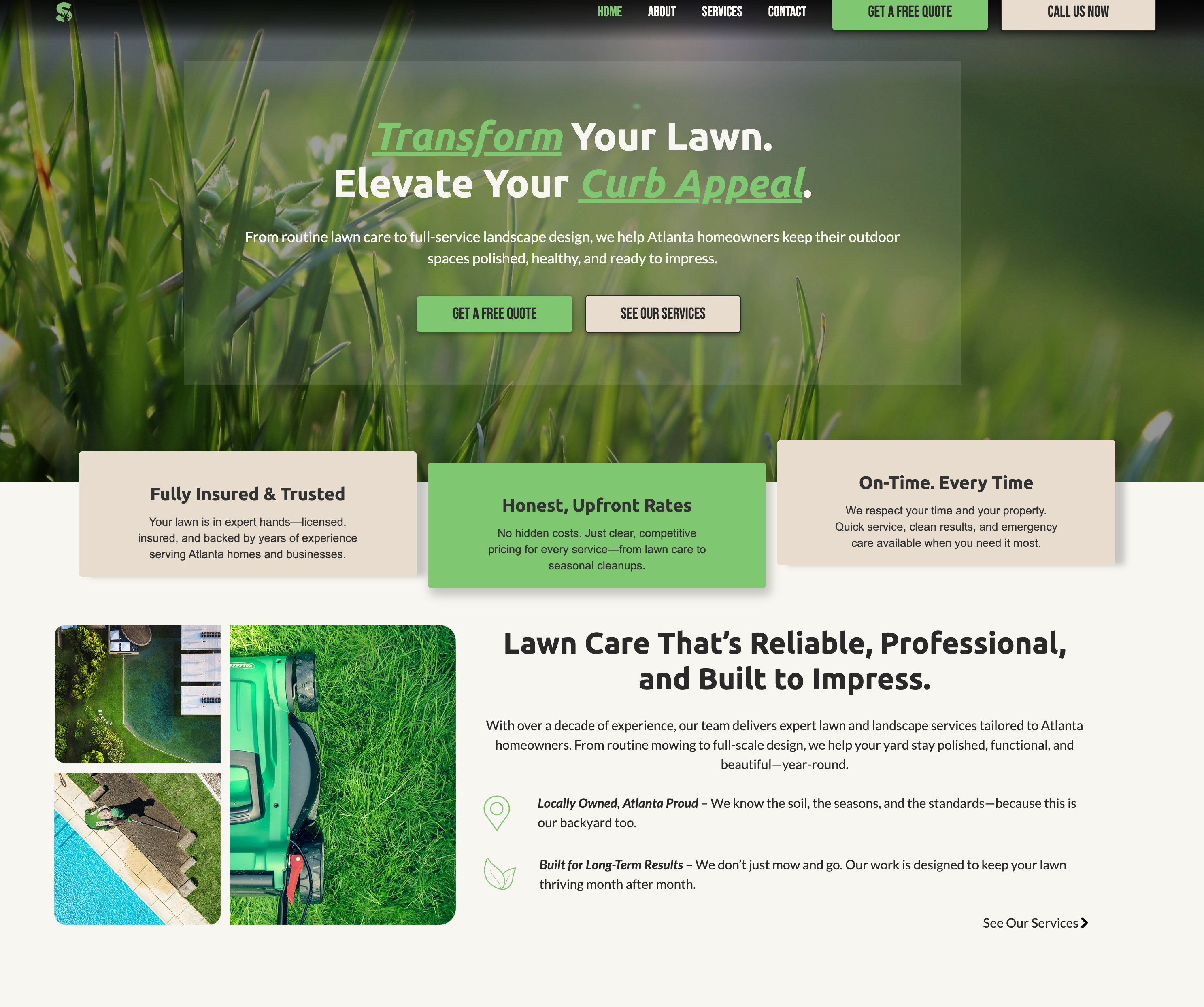 A service business website design concept featuring photography and strong calls to action